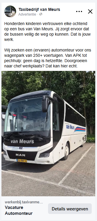 Taxi van Meurs: Facebook advertentie voorbeeld